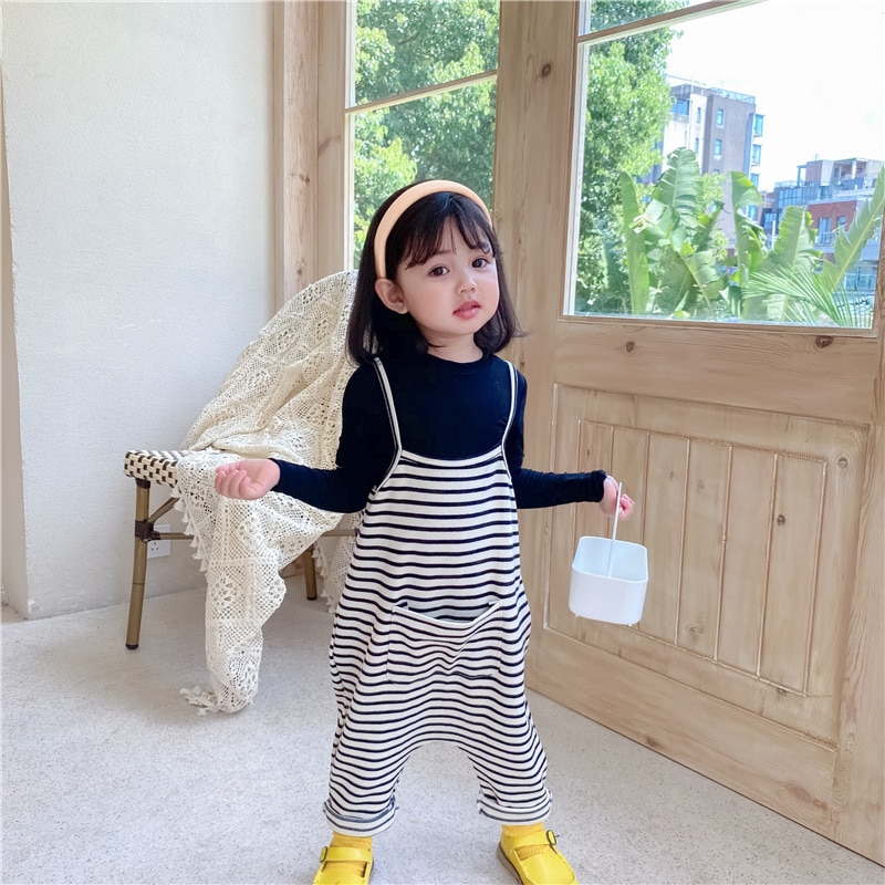 1-7Y Spring Autumn Infant Baby Girls Boys Overalls Pants White Black Striped Printed Sleeveless Pocket Jumpsuits Outfits