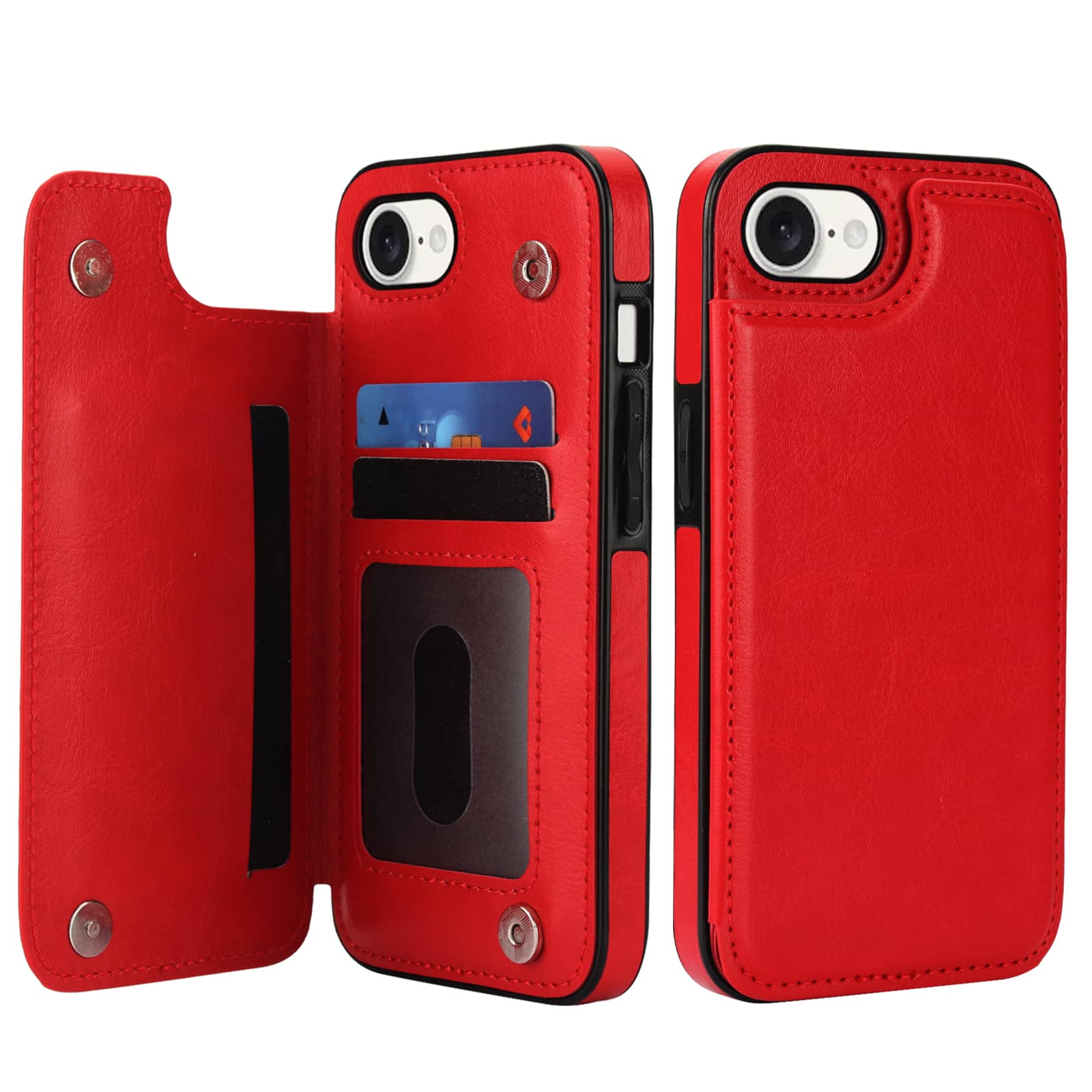 For iPhone 16e Wallet Case With Card Holder, PU Faux Leather Kickstand Card Slots,Double Magnetic Clasp Durable Cover: Red