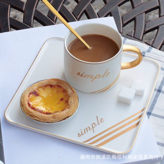 Porcelain Coffee Cup Simple Gold Rim Luxury Breakfast Arabic Coffee Set With Spoon Black Tazas Cafe Home Garden BE50CU: white