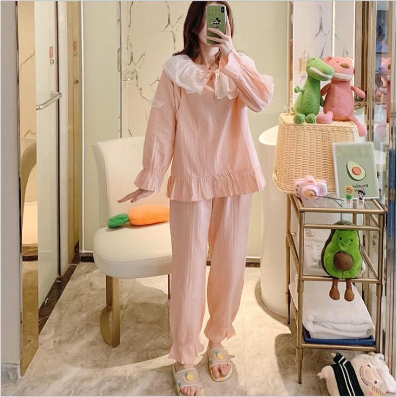 Roze katoenen nachtkleding voor de zwangerschap, herfst en zomer, pyjama's met kant voor de voeding van zwangere vrouwen, nachtkleding voor de zwangerschap  x057