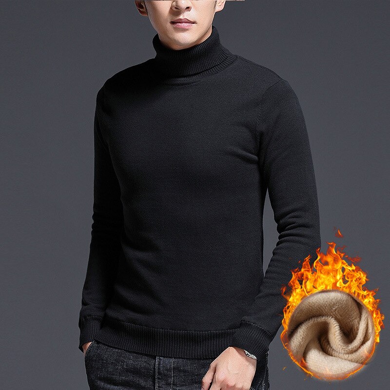 Fleece gebreide trui heren warme coltrui winter plus fluweel dikke warme coltrui heren casual slim fit trui: Zwart / Xxl