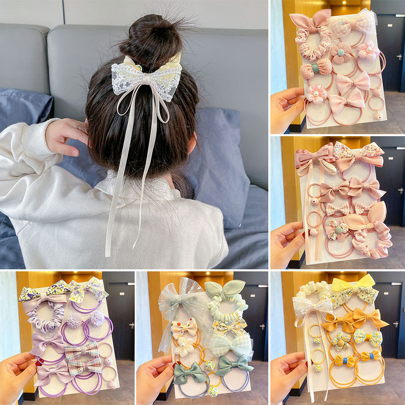 10 Stks/set Kinderen Boog Haarbanden Bloem Plaid Kids Elastische Elastiekjes Scrunchies Hoofddeksels Voor Meisjes Baby Haar Accessoires