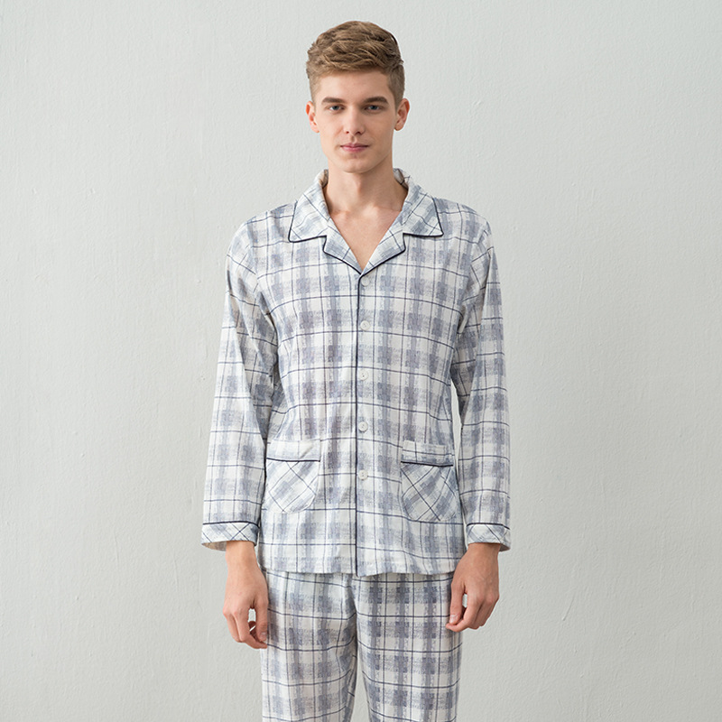 100% katoen Mannen pyjama set lente en herfst mannen pyjama Turn-down kraag lange mouwen nachtkleding nachtkleding thuis kleding