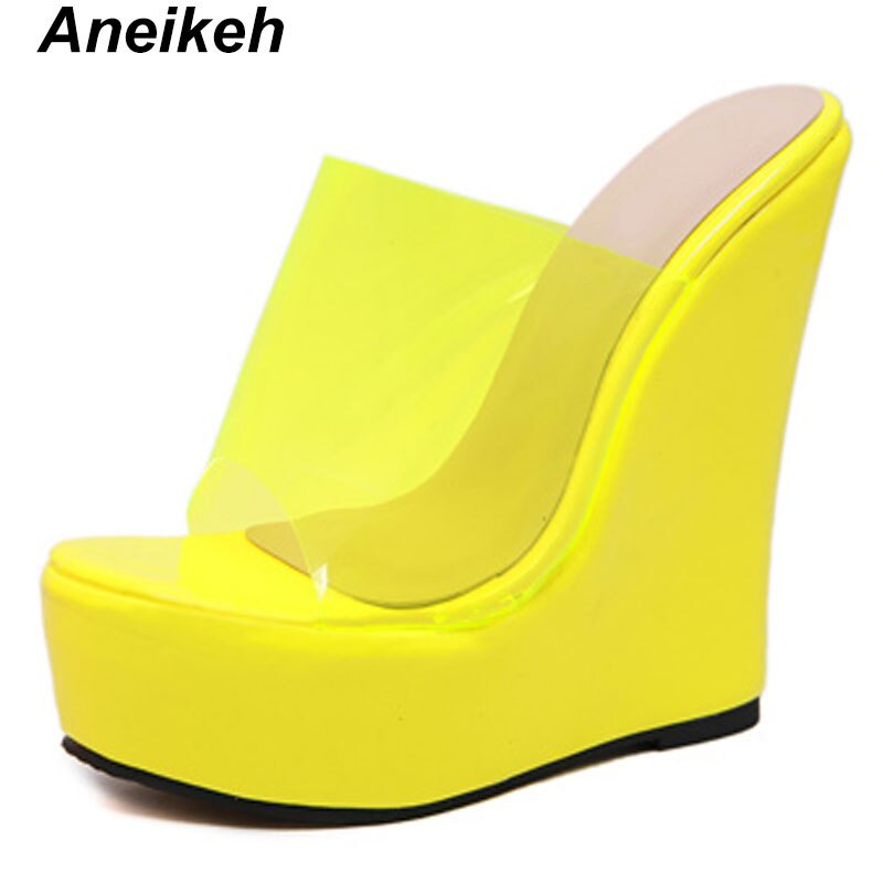 Aneikeh plattform wedge tofflor kvinnor klara genomskinliga sandaler orange gula mulor glidtjocka bottenskor ultra mycket höga