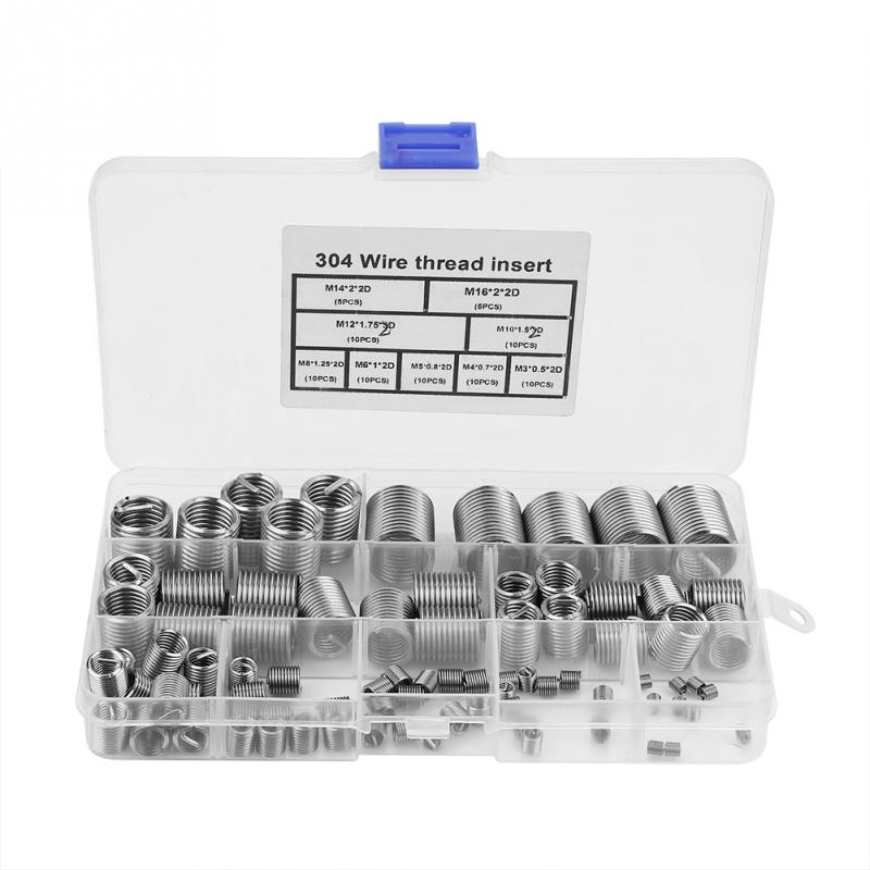 80Pcs/Set M3-M14 Thread Repair Insert SS304 Coiled Wire Helical Screw Threaded Inserts Assortment Kit Fastener Stainless Steel
