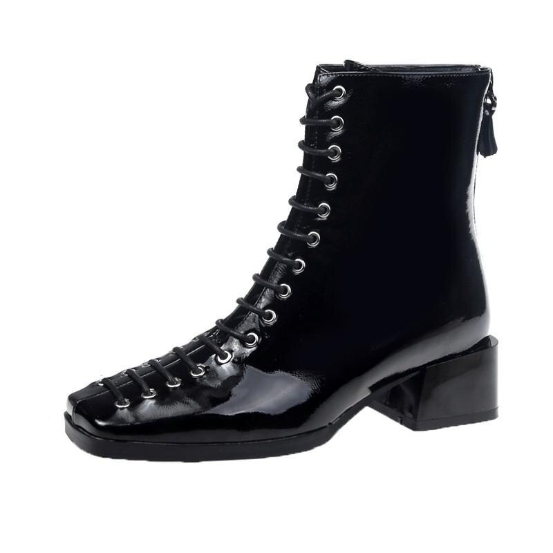 Kwadratowe Toe botki damskie modne niebieskie lakierki sznurowane średnio wysokie buty w stylu brytyjskim rozmiar 35-40: Black / 35