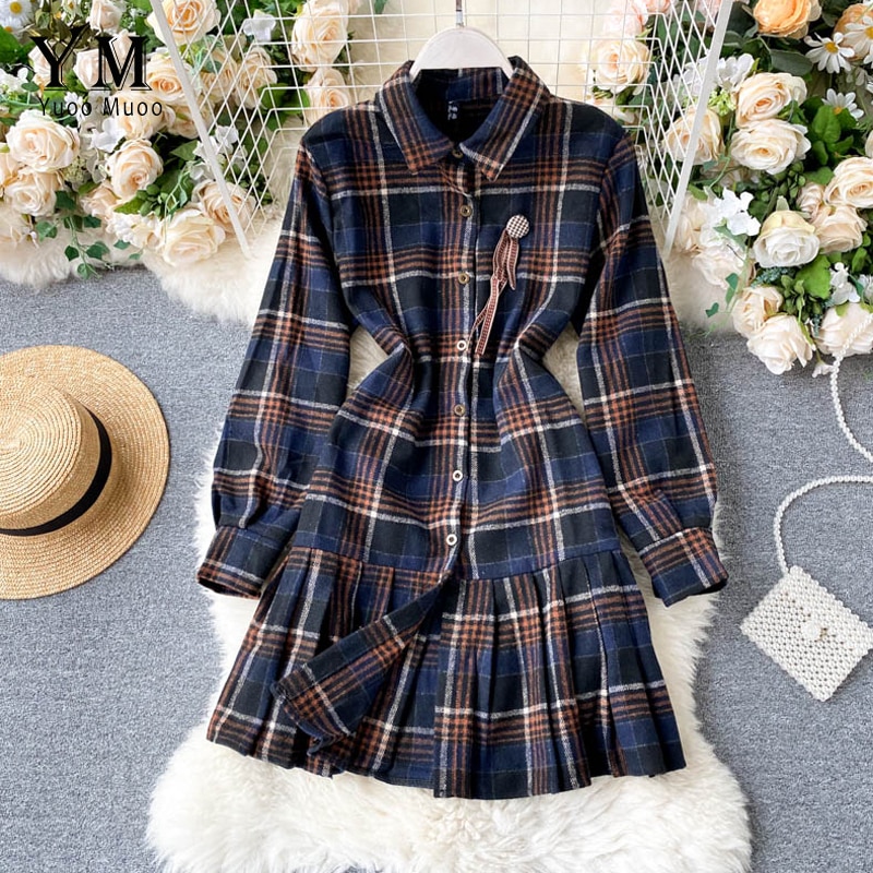 Yuoomuoo vintage rutig långärmad skjortklänning höst flicka college kort veckad klänning sundress casual damklänning