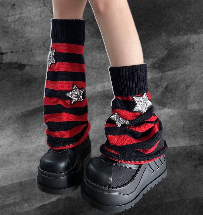 Harajuku Vrouwen Winter Beenwarmers Sokken Japanse Meisje Gothic Gestreepte Sterren Gebreide Warmer Lange Sokken Punk Voet Cover: Rood