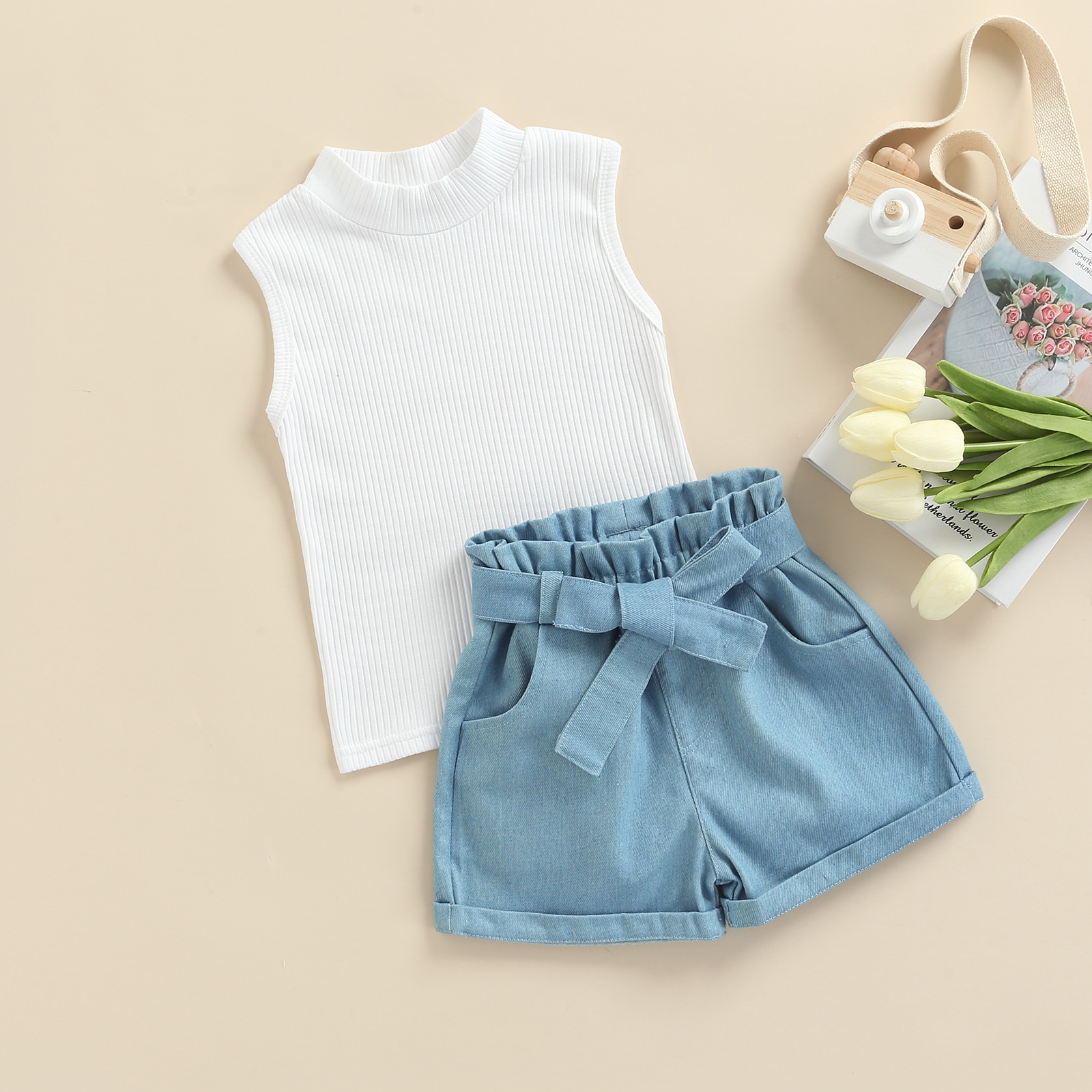 Peuter Baby Meisje Kleding Set Effen Kleur Mouwloze Geribbelde Gebreide Tops + Denim Shorts 2 Stuks Outfits Zomer Kid Kleding