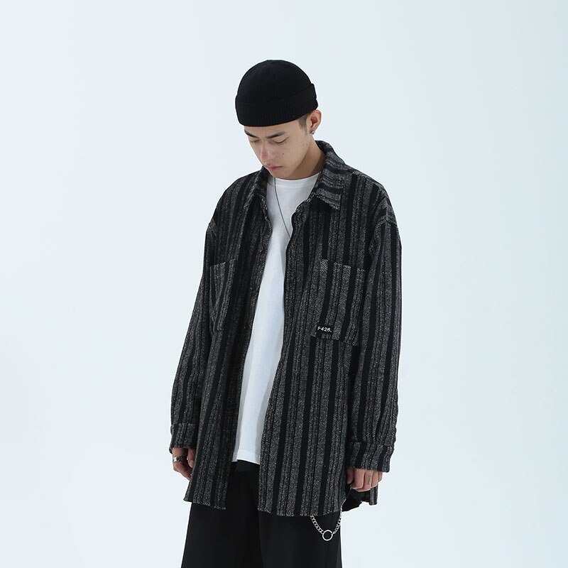 F426 Oversize Stripe thick Shirts Men Long Sleeve Streetwear camisa masculina Men's Shirt Hip Hop Cotton Men Fashions