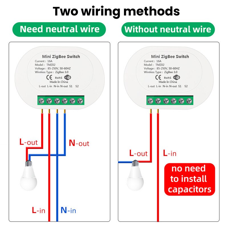 Tuya Smart ZigBee 3.0 16A Mini DIY Switch Relay Breaker Module With/Without Neutral 2-way Control Smart Life Alexa Google Home