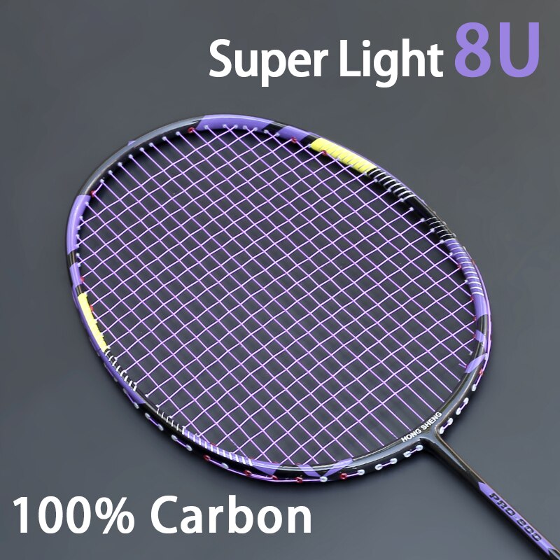 Volle Kohlenstoff Faser Licht Gewicht 8U 68G Badminton Schläger Aufgereiht 26-32LBS G5 Ausbildung Schläger Mit Saiten Taschen Für Erwachsene: Lila