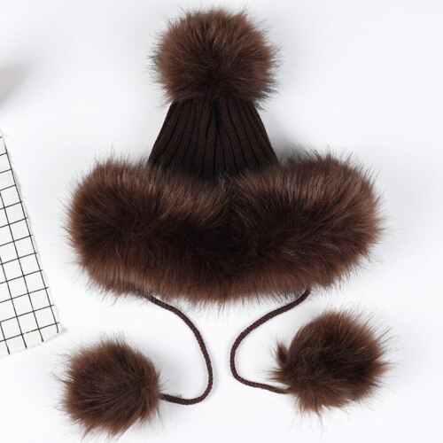 HT2105 Big Fur Pompom Ball Winter Hats for Women Russian Ushanka Hat Thick Warm Fur Hat Earflap Ski Cap Women Knitted Hat: Brown