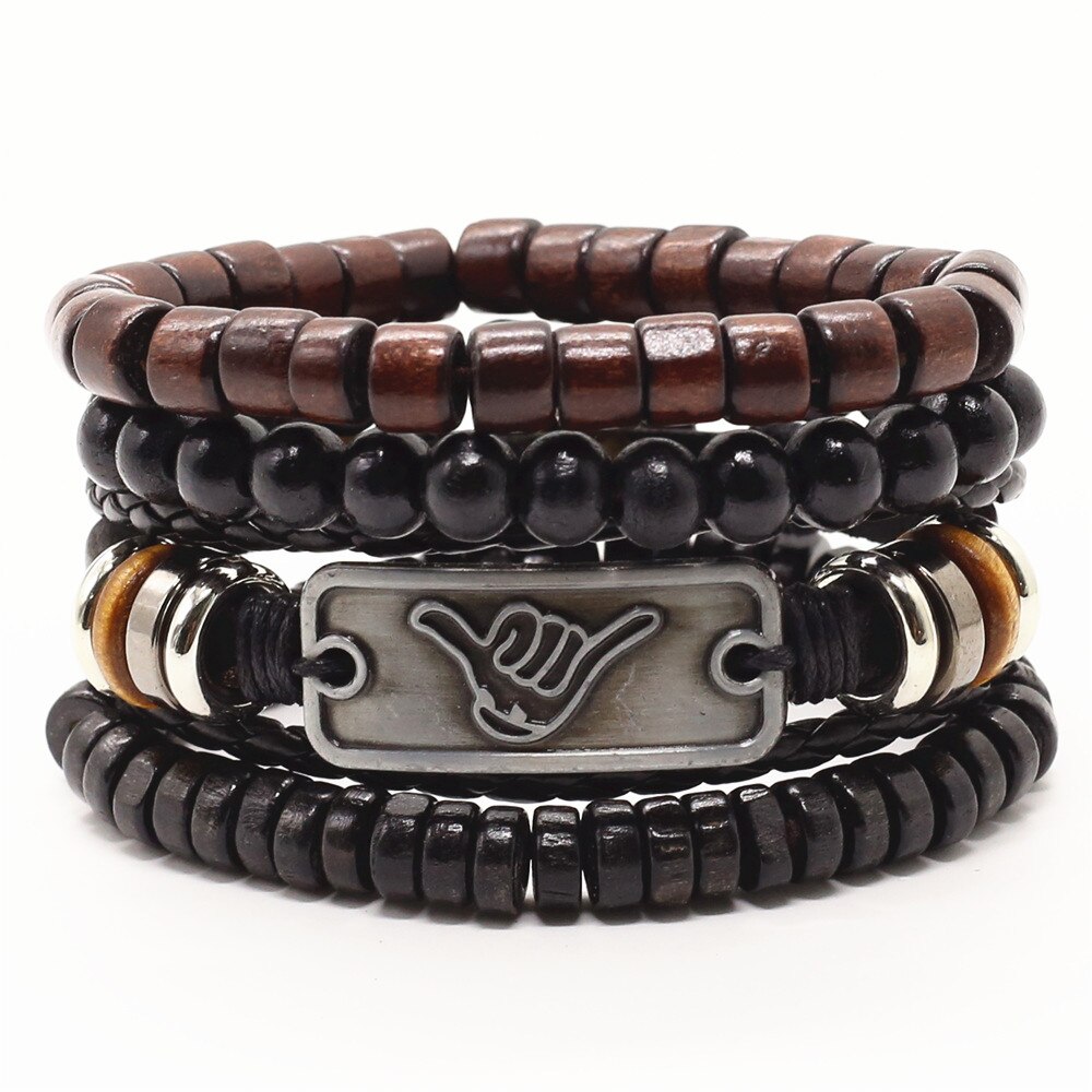 4 Stks/set Lion Cross Gitaar Charme Houten Kralen Mannen Lederen Armbanden Vrouwen Femme Homme Mannelijke Pulseras Sieraden: style 6