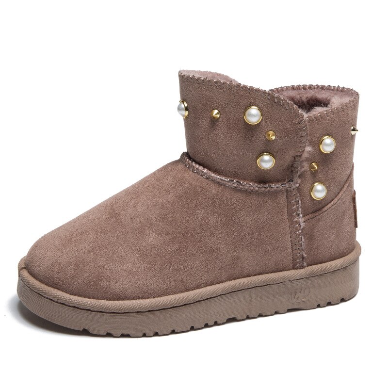 nouvelles femmes bottes perle décoration chaussures d'hiver noir bout rond décontracté grande taille femmes bottes de neige: khaki / 35