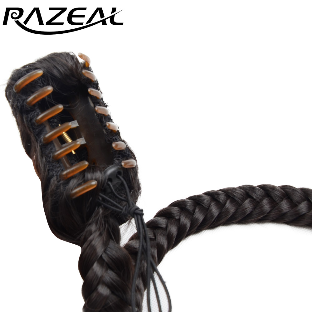 Razeal 20 inches Women's Clip In Braided Synthetic Hair Fishtail Ponytail With Elastic Drawstring Rope Black Color