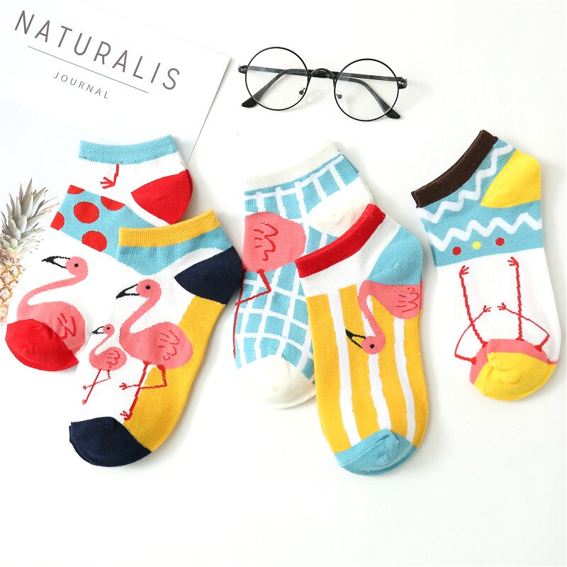 5pairs/lot Cotton Flamingo Socks Women Colorful Harajuku Funny Flamingo Women Kawaii Happy Comfortable Motion Sock