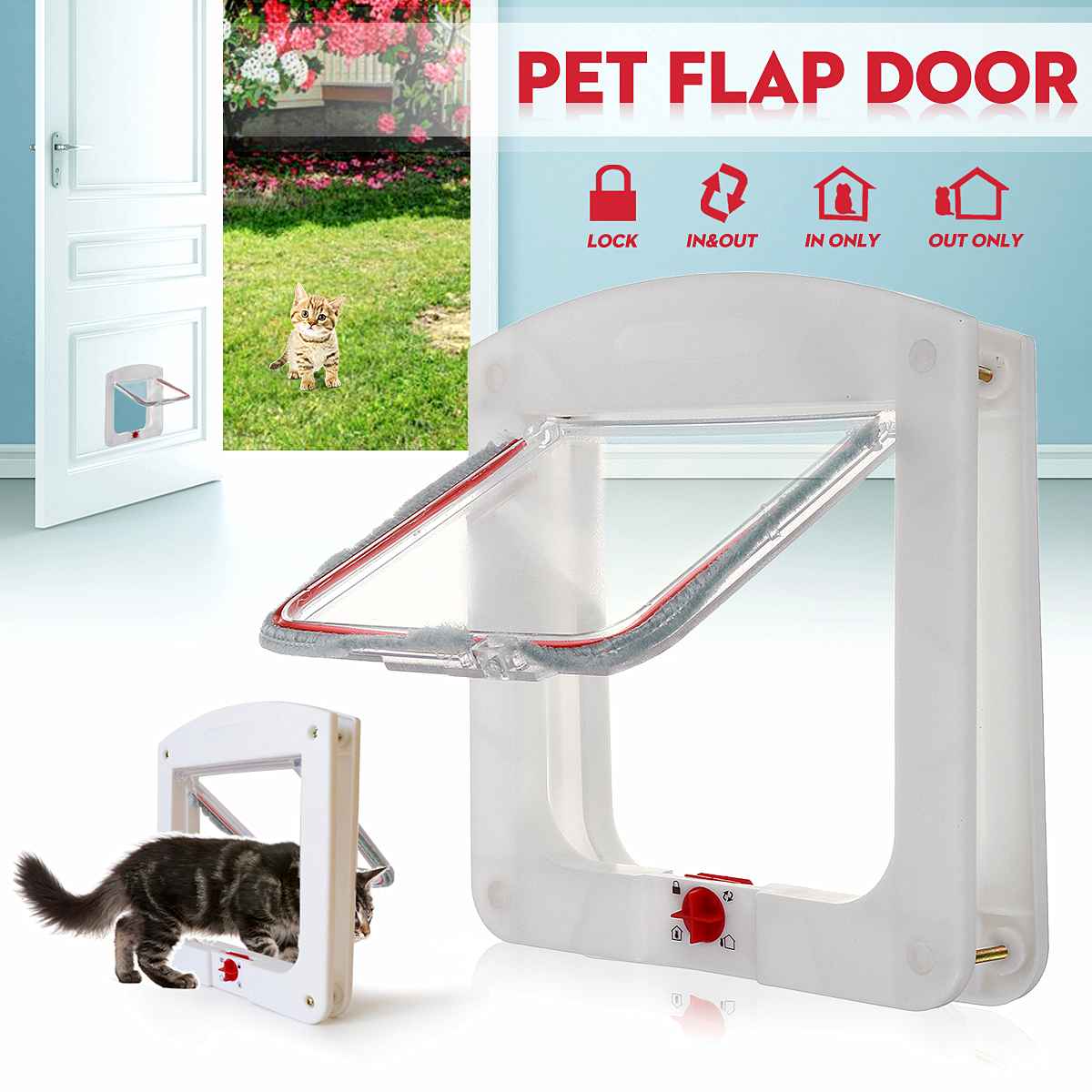 4 Way Lock Cat Dog Flap Door Safe Lockable Security Flap Door for Cat Puppy Dog Pet Gate Door Pet Supplies