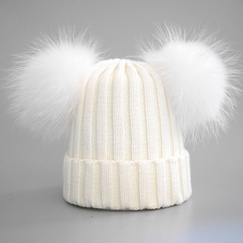 Volwassen Dubbele Bont Pompon Winter Hoeden voor Vrouwen Wol Blend Gebreide Heren Hoeden en Caps: cream