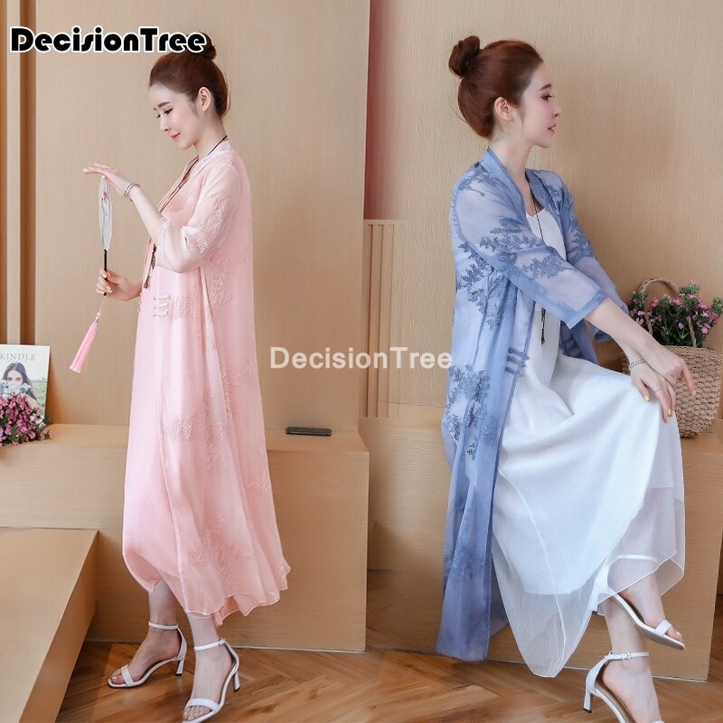chinese dress qipao suit cotton linen cheongsam Two Piece Midi Dresses Vestidos Casual embroidery cardigan + dress robe