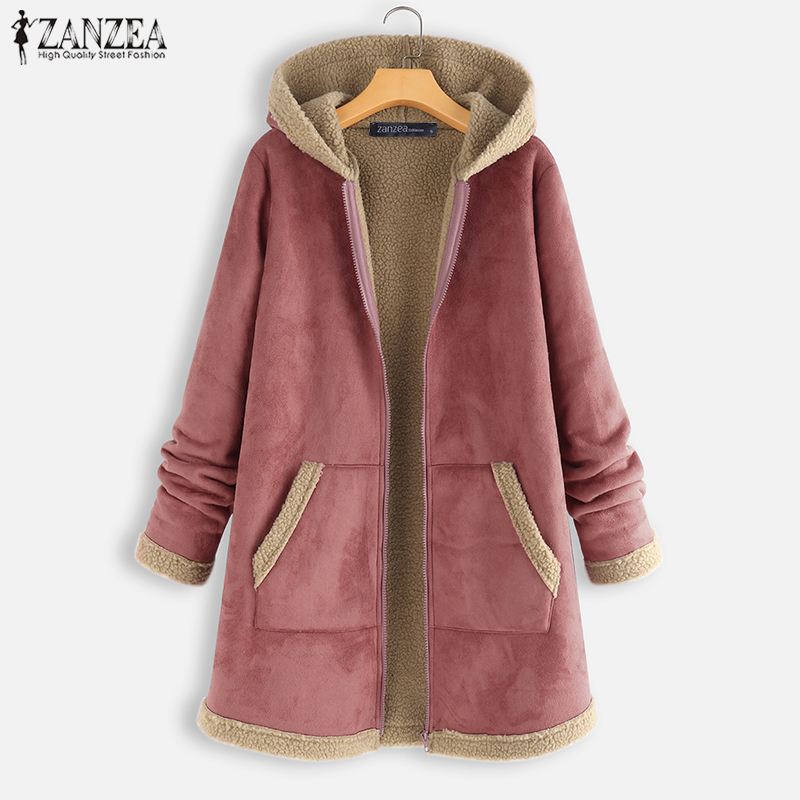 Plus Größe ZANZEA Winter Reißverschluss Vlies Jacken Frauen Jahrgang Feste Kapuze Langarm Warme Mäntel Mäntel Femme Outwear