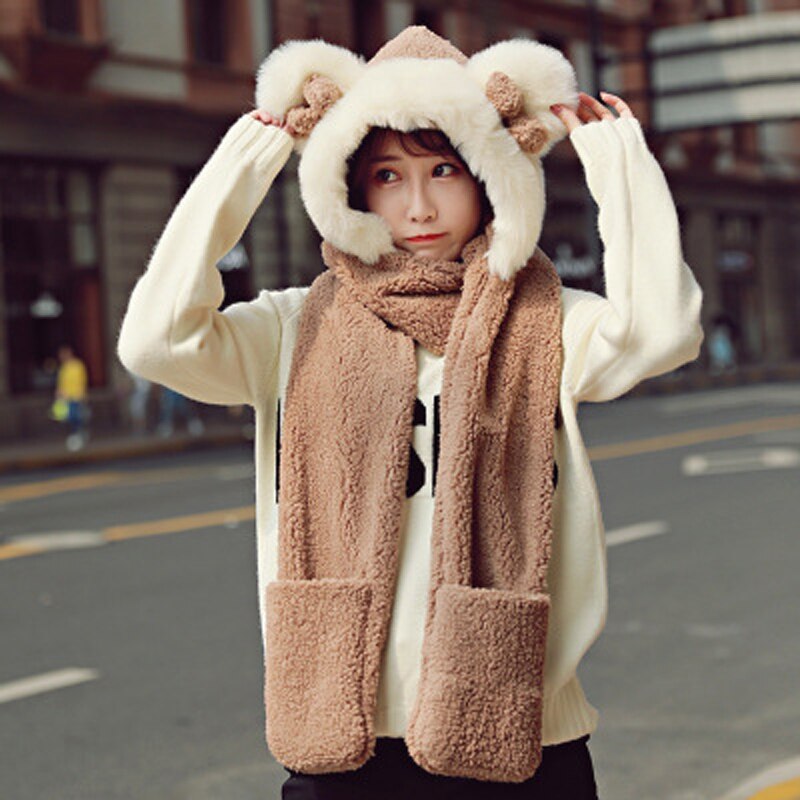 Foux Bomber Hats Women Kids Parent Child Winter Bear Ears Russian Cap Scarf Neck Gloves Snow Warm Baby Boy Girl Ushanka Trooper: Deep Khaki