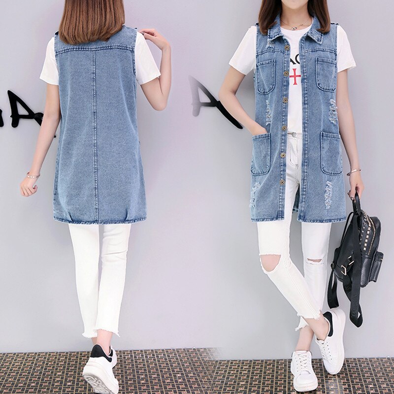 Gilets en Denim pour femmes printemps été déchiré Long trou jean gilet Femme sans manches décontracté veste d'extérieur