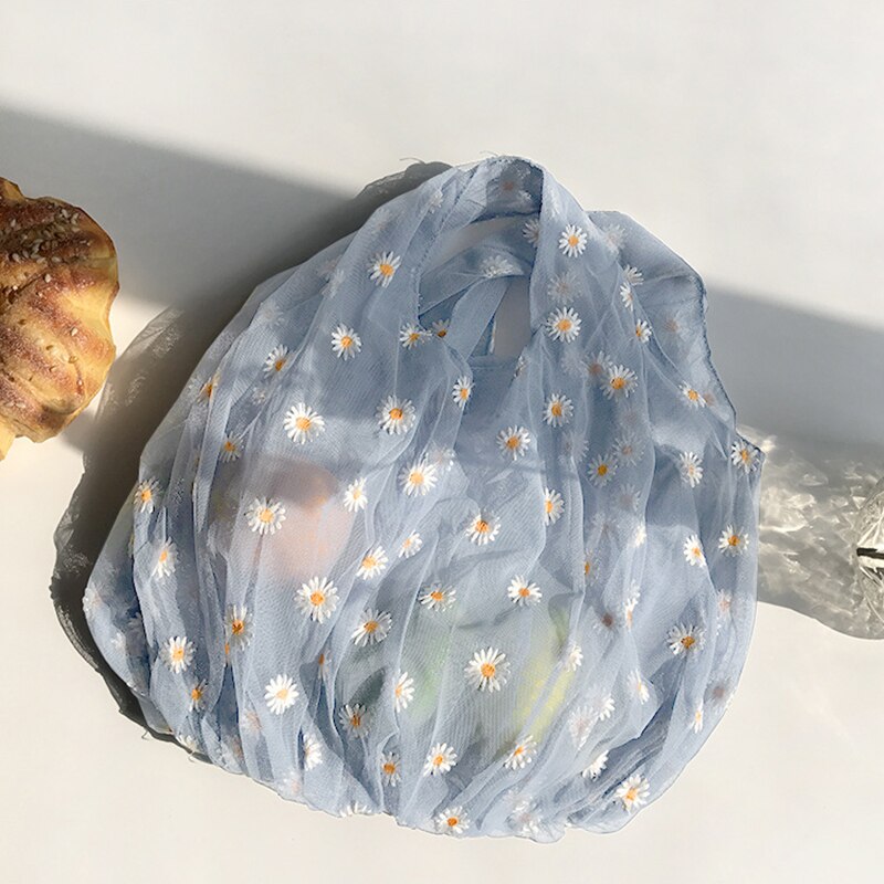 Kleine transparante tas van mesh stof voor dames, handtas met borduurwerk van madeliefjes, eco-bloemkunst, mesh tas, portemonnee voor meisjes