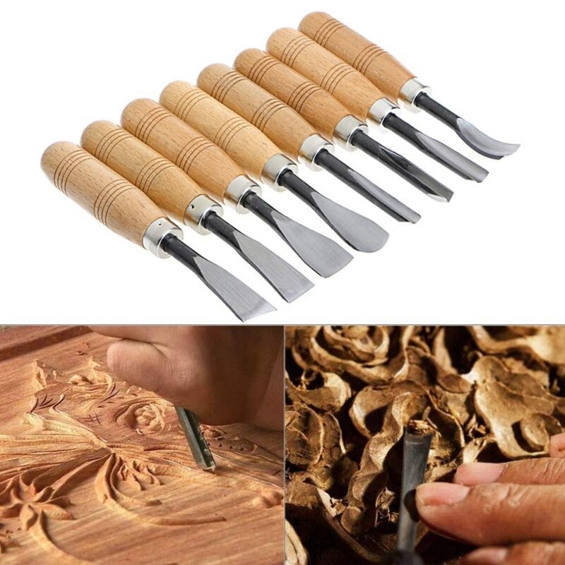 8Pc Woodcut Knife Wood Carving Chisel Set Chip Detail Carving Chisels Kit Rust-Proof Wood Carpenter Hand Tools Working