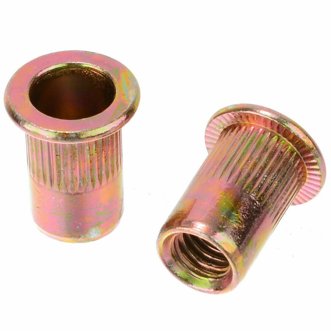 100pcs Car Auto M6 Metric Steel Rivet Nut Flat Head Threaded Insert Nutsert Tool Parts For Steel Plastic Fiberglass Accessories