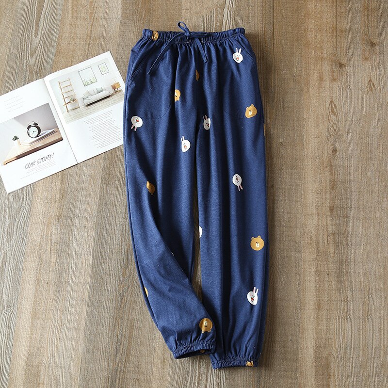 Spring Autumn Sleep Bottoms Korean Style Madam Summer Thin Cotton Loose Comfortable Home Women Night Trousers Sweet Print брюки: navy blue / L