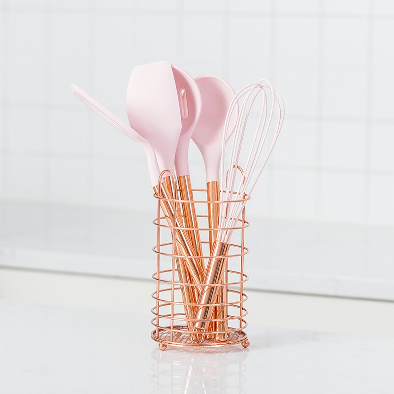 Silicone Cooking Utensils Set Non-stick Spatula Shovel Stainless Steel Handle Cookware Tools Set With Storage Box Kitchen Tools: PINK