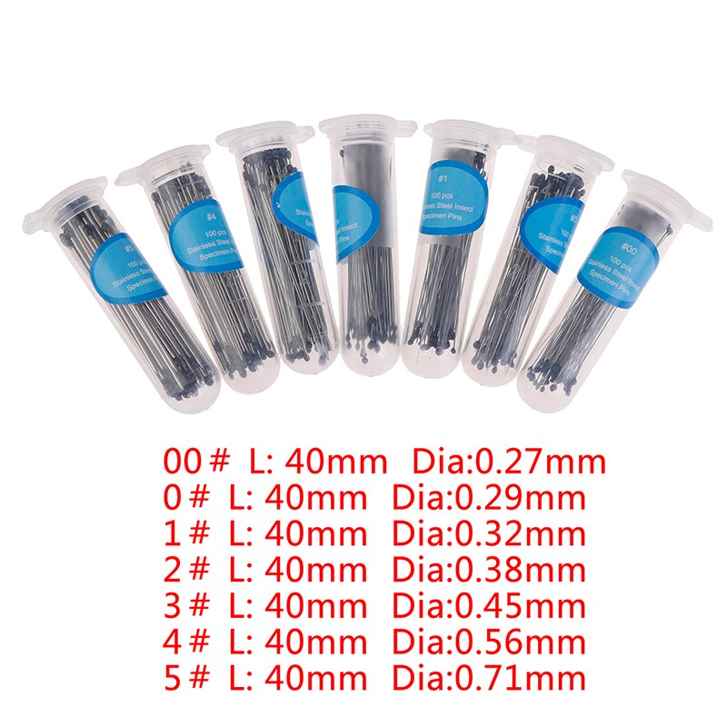 Aguja de espécimen de acero inoxidable con tubo para laboratorio escolar, broche de insecto para entomotología, 100 Uds.