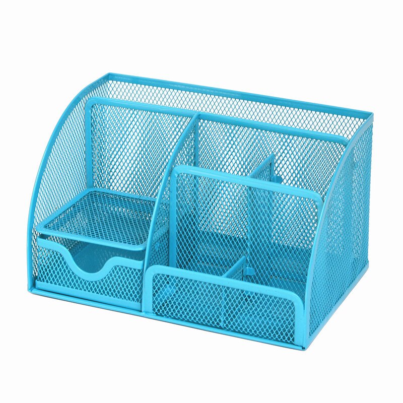 Metal Color Desk Organizer Combination Mesh Desktop Pencil Pen Badge Holder Storage Box Stationery Ruler Office School Supplies: Blue