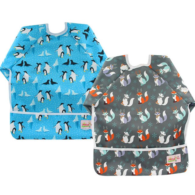 2-Pack Baby Slabbertjes met Mouwen - Waterdichte Voedselslabber met Zak - Dierenprint: Zy4044