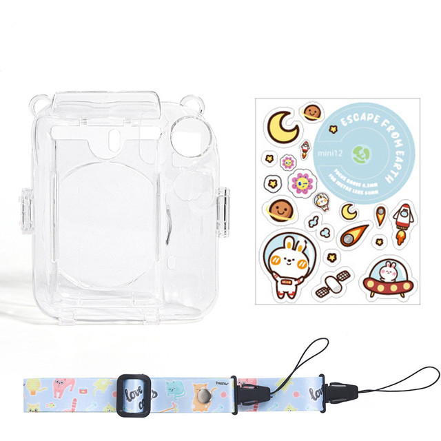 Funda transparente para cámara Fujifilm Instax Mini 12, funda protectora para bolsa de transporte con correa para el hombro, bolsa de almacenamiento de tres piezas: Blanco