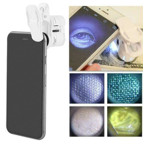 Lupa de Clip portátil de 60 aumentos, microscopio UV Universal para teléfono móvil con Mini LFX-ING LED