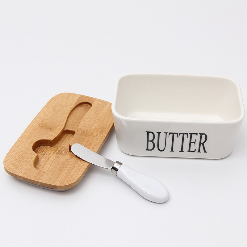 Pot de rangement en céramique Style nordique, boîte à beurre avec couvercle en bois, ensemble de couteaux, lettre plateau de stockage de fromage, boîte de récipient de plat à beurre