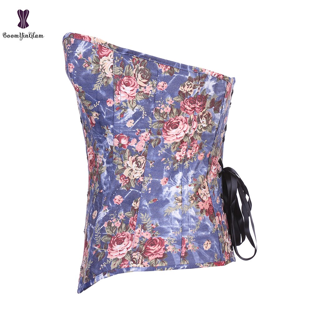 Kjøp to fikk en gratis korsetter floral lolita sexy korset elastisk utbenet gorset rose blomst utskrift kvinner jente antrekk busk bustier