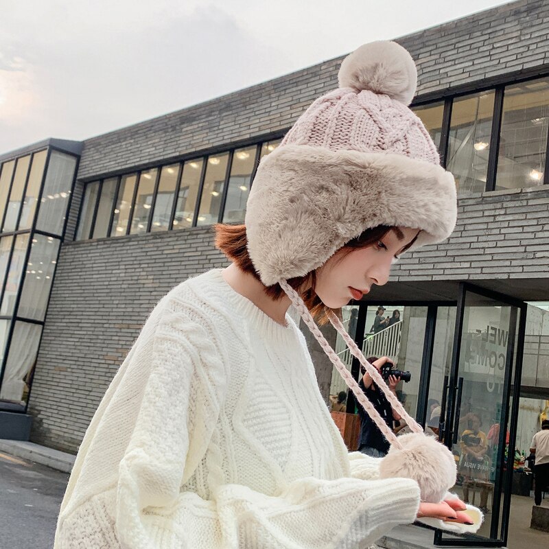 H3568 Women Warm Bomber Hat Winter Riding Ear Protection Plush Thickened Knitted Cap Korean Cold Proof Lovely Casual Girl Hats: Beige