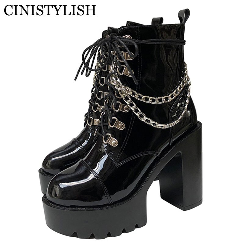 Gothique femmes bottines chaussures sur plate-forme chaîne en cuir verni femme Demonia bottes Punk Style dames hiver: 6.5