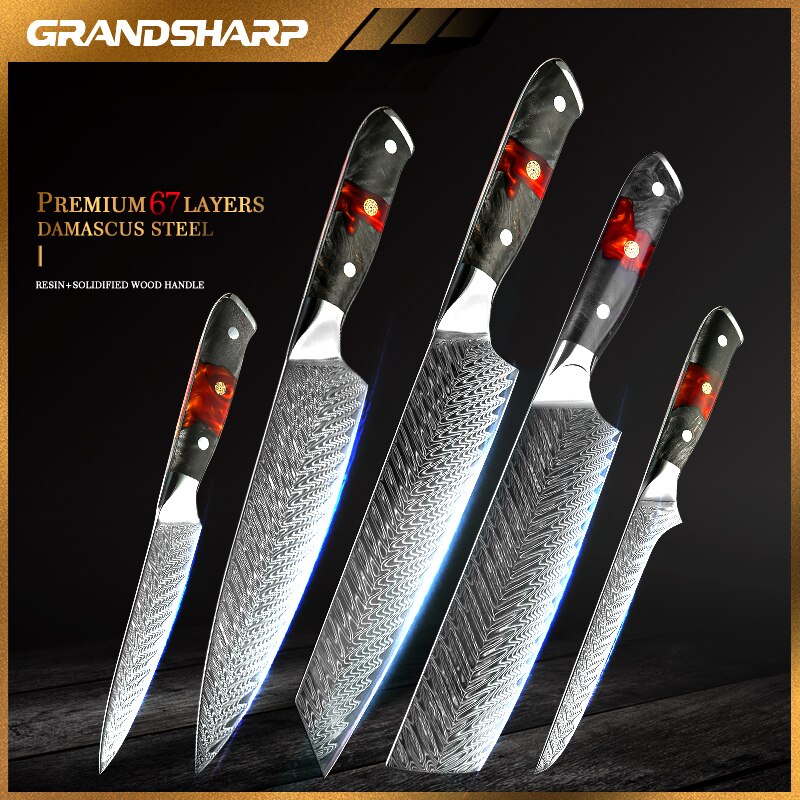 Japanese Kitchen Knife Set Real Damascus Chef Knifes Utility Boning Knives Meat Slicer Fruit Cutter Cooking Tools Grandsharp