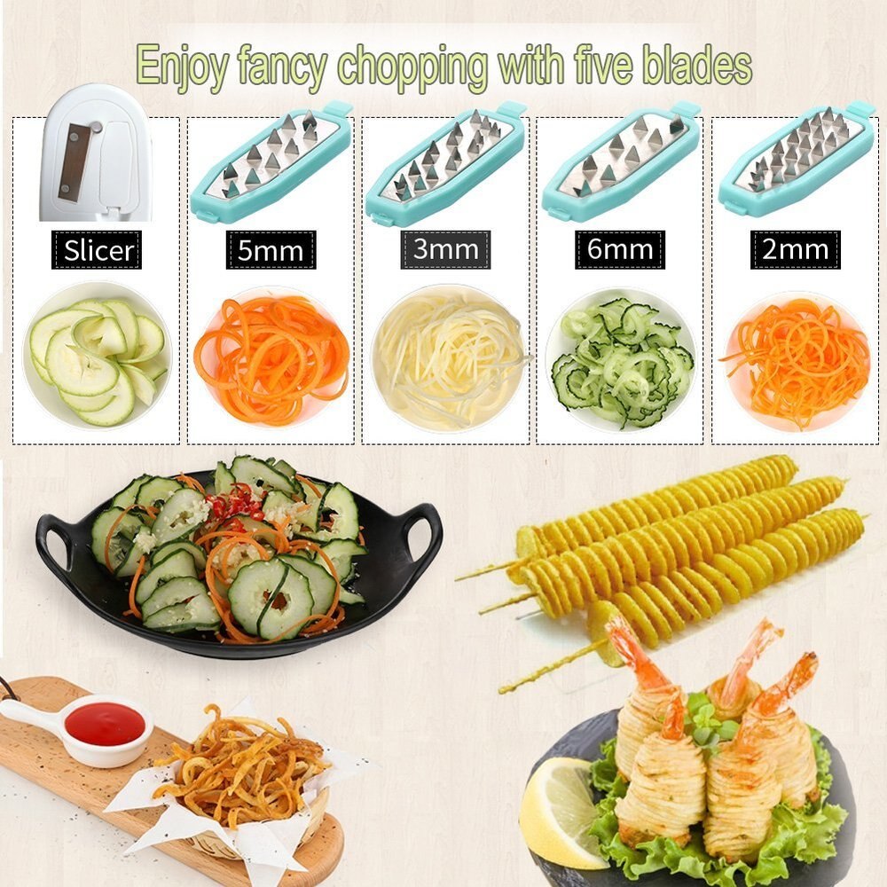 Rebanadora espiralizer de vegetales, máquina de espagueti rebanadora espiral de 5 cuchillas muy afilado con contenedor de alimentos para Fideos de calabacín, Pasta