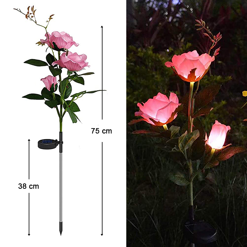 Solcelle Rose Blomsterlampe LED - Vandtæt Have Dekoration Udendørs - Landskab Græsplæne Lampe: Pink -3 hoved