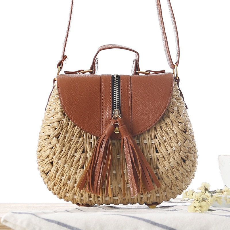 paper rope woven bag small fresh messenger straw bag beach vacation shoulder shoulder bag woven bag: Light Brown