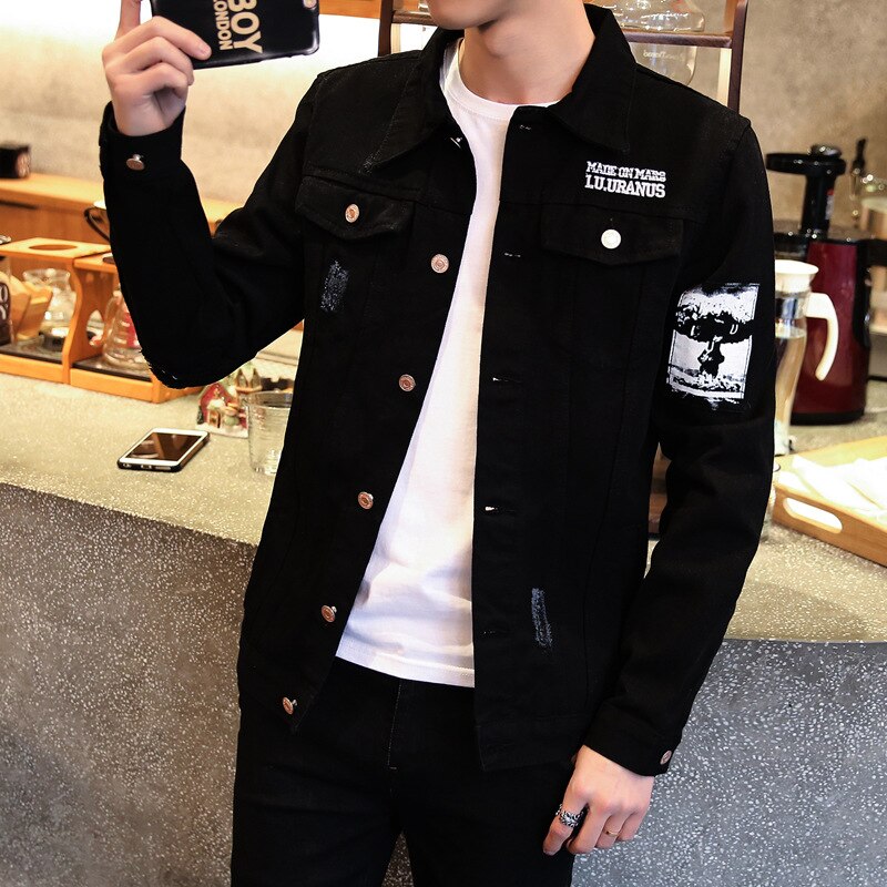 spring Autumn Casual men\'s Korean teenagers jacket patch youth Slim handsome clothes male black denim jacket: Asian size L