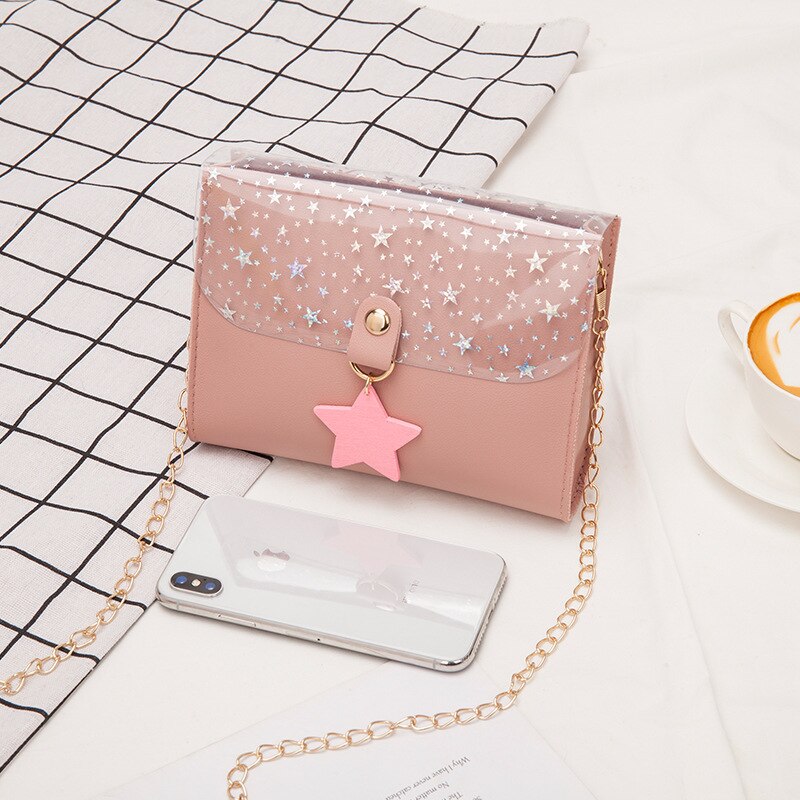 Koreaanse stijl dames schoudertas met sterhanger, slingbag met pailletten, mini-tas, handtassen en avondtassen: Roze