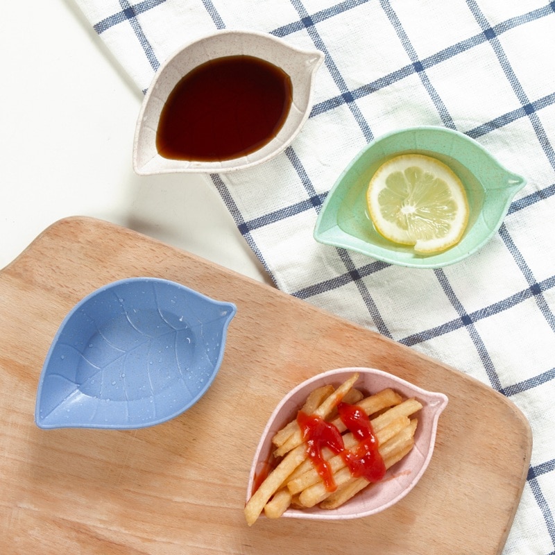 4Pcs Dip Plate kitchen wheat straw seasoning dish plastic Leaf shape pickles small plate tableware dip snack sauce dish