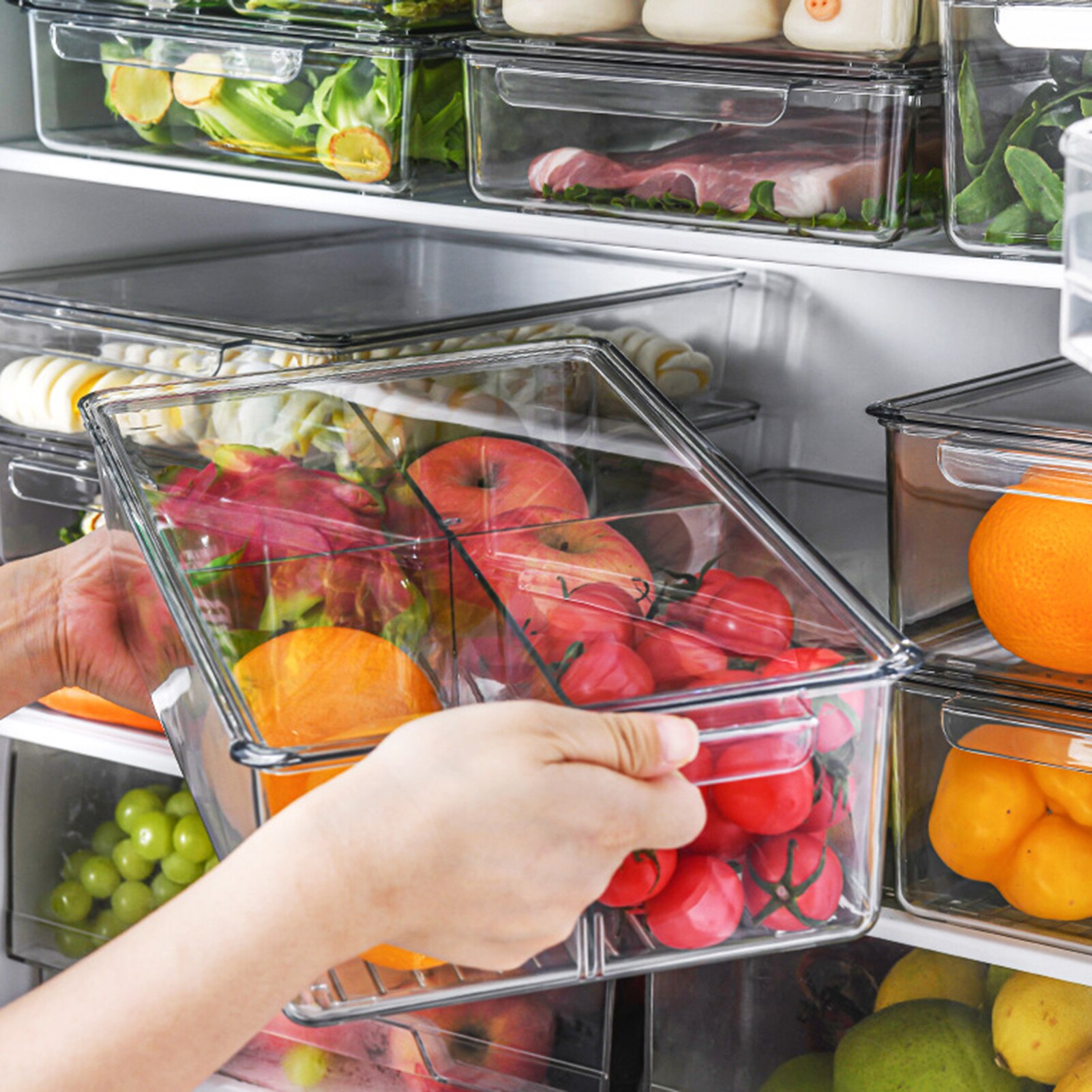 Refrigerator PET Food Storage Box Container With Lid And Divider Large Capacity Fridge Organizer