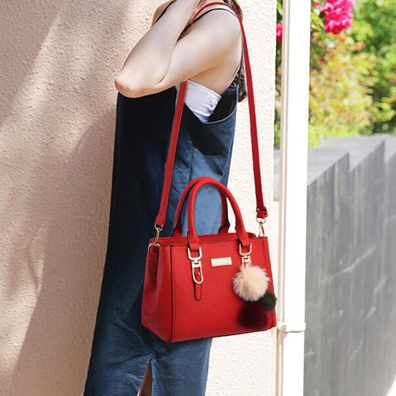 Women Furry Ball Multifunction Pu Leather Waterproof Handbag Simple Women's Large Capacity Diagonal Bag